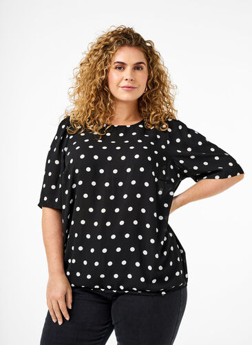 Zizzi Gepunktete Bluse mit kurzen Ärmeln, Black W. White Dot, Model image number 0