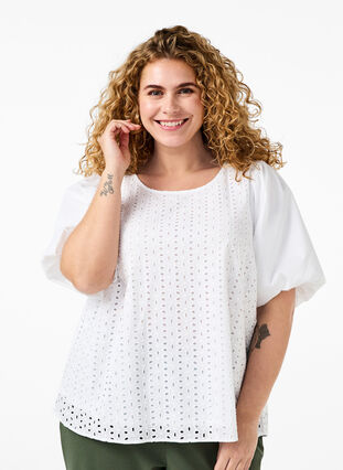 Zizzi Bluse mit Puffärmeln und Spitzenmuster, Bright White, Model image number 0