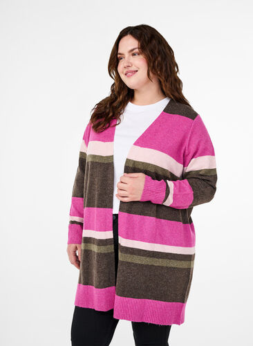 Zizzi Lange Strickjacke mit breiten Streifen, Fuchsia Red Mel.Comb, Model image number 0