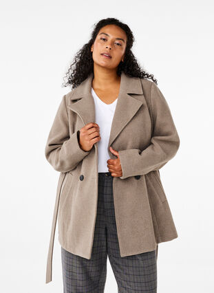 Zizzi Kurze Wolljacke mit Gürtel, Desert Taupe Mel., Model image number 0