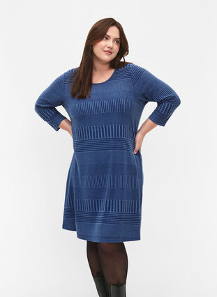 Zizzi Kleid mit 3/4-Ärmeln und Streifenmuster, Estate Blue Melange, Model image number 2