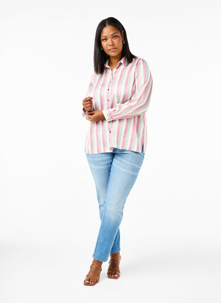 Zizzi Gestreiftes Hemd aus  Satin, Rose Stripe, Model image number 2