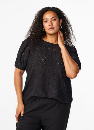 Zizzi  Kurzärmelige Bluse mit Lochmuster, Black, Model image number 0