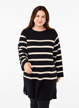 Zizzi Strickkleid mit Rundhalsausschnitt und Schlitz, Black Birch Stripes, Model image number 0