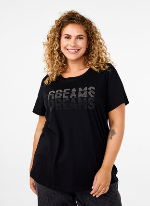 Zizzi T-Shirt aus Baumwolle mit Strass-Motiv, Black w. Dream, Model image number 0