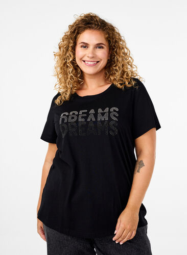 Zizzi Baumwoll-T-Shirt mit Strass-Motiv, Black w. Dream, Model image number 0