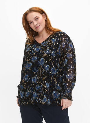 Zizzi Geblümte Bluse mit langen Ärmeln und V-Ausschnitt, Black Blue Flower , Model image number 0