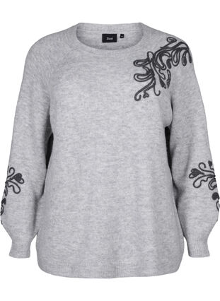 Zizzi  Strickbluse mit dekorativem Muster, Light Grey Melange, Packshot image number 0