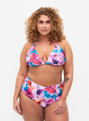 Zizzi Bikini-Hose mit Print und hoher Taille, Pink Flower, Model image number 0