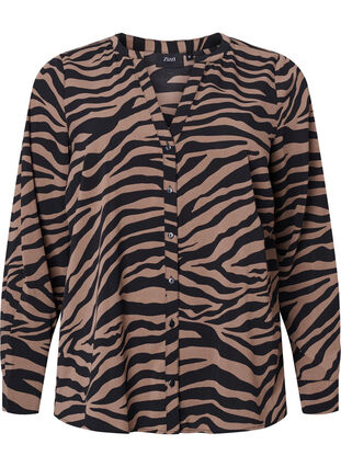 Zizzi Hemd mit V-Ausschnitt und Zebradruck, Black/Brown Zebra, Packshot image number 0