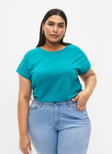 Zizzi Kurzärmliges T-Shirt aus einer Baumwollmischung, Teal Blue, Model image number 0