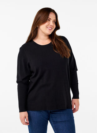 Zizzi FLASH – Strickpullover mit Rundhalsausschnitt, Black, Model image number 0