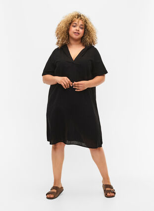 Zizzi Kapuzenkleid aus Baumwollmischung mit Leinen, Black, Model image number 2