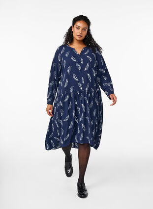 Zizzi Midi-Kleid mit langen Ärmeln, Navy B. Feather AOP, Model image number 0