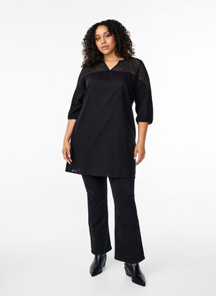 Zizzi Kleid aus einer Baumwollmischung mit Leinen und Häkeldetails, Black, Model image number 2