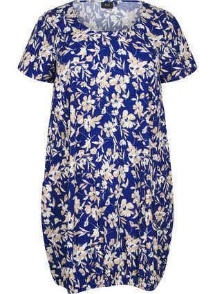 Zizzi Kurzärmliges Baumwollkleid mit Blumenaufdruck, Blue W. Beige Flower, Packshot image number 0