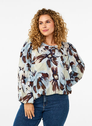 Zizzi Langärmelige Bluse mit Druck und Knopf, Grey Flower AOP, Model image number 0