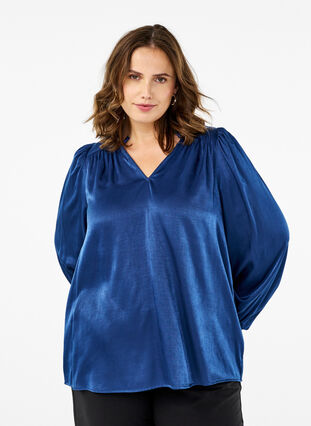 Zizzi  Langärmelige Bluse mit Rüschen und V-Ausschnitt, Estate Blue, Model image number 0