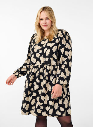 Zizzi Langärmliges Kleid mit Muster und Schleifen, Black AOP, Model image number 0