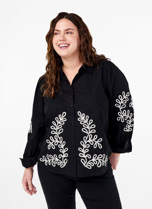 Zizzi Lockeres Baumwollshirt mit Stickerei., Black, Model image number 0