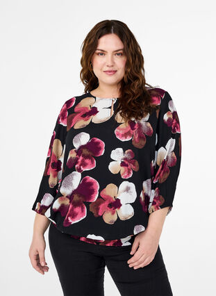 Zizzi  Viskosebluse mit Print und Kittel, Black Pink FlowerAOP, Model image number 0