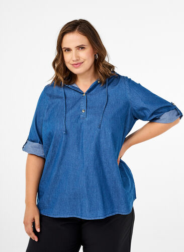 Zizzi Jeansbluse mit Kapuze, Medium Blue Denim, Model image number 0