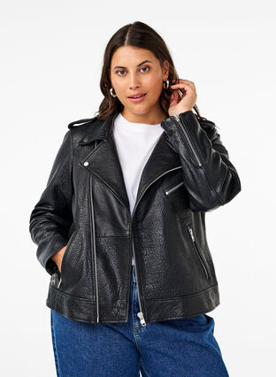 Zizzi Bikerjacke aus Leder mit Taschen, Black, Model image number 0