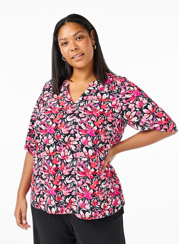 Zizzi Bluse mit V-Ausschnitt und Blumendruck, Black Flower AOP, Model image number 0