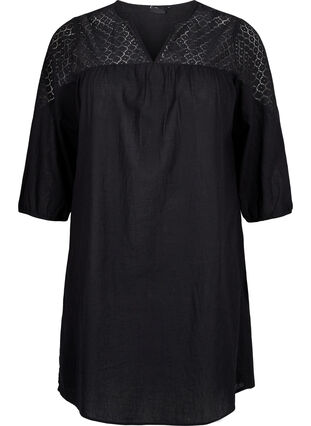 Zizzi Kleid aus einer Baumwollmischung mit Leinen und Häkeldetails, Black, Packshot image number 0