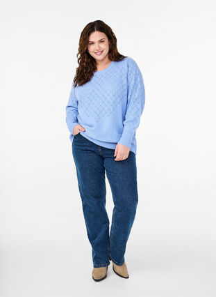 Zizzi  Strickbluse mit Spitzenmuster, Cornflower Blue Mel., Model image number 2