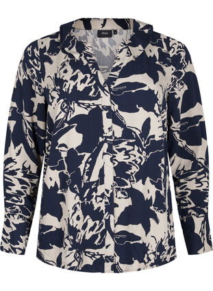 Zizzi Langarmshirt mit Print und V-Ausschnitt, Navy Blazer AOP, Packshot image number 0