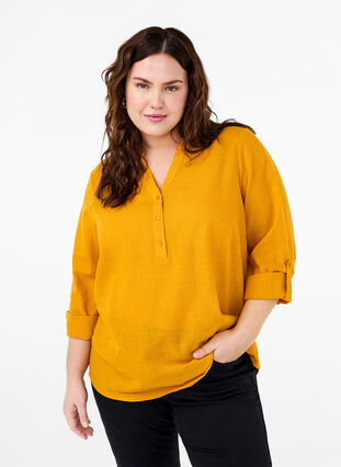 Zizzi Hemdbluse aus Baumwolle mit V-Ausschnitt, Golden Yellow, Model image number 0