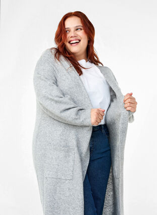 Zizzi Lange Strickjacke mit Taschen, Light Grey Melange, Image image number 0