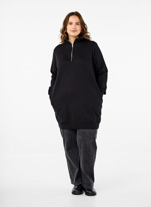 Zizzi Sweat-Tunika mit Kapuze und Reißverschluss, Black, Model image number 2