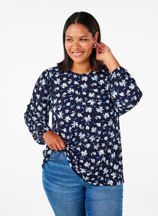 Zizzi Bluse mit langen Ärmeln und geblümtem Print, Night Sky AOP, Model image number 0