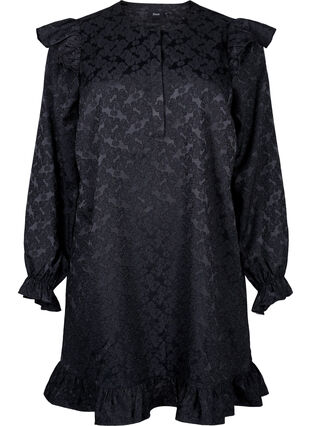 Zizzi Jacquardkleid mit langen Ärmeln und Rüschen, Black, Packshot image number 0