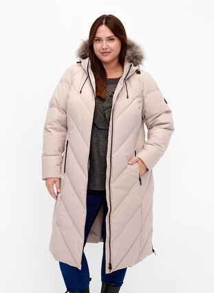 Zizzi Lange Winterjacke mit Kapuze und Kunstfellkragen, Simply Taupe, Model image number 0