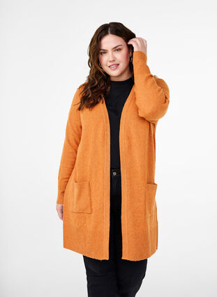 Zizzi Strickjacke mit Rippenstrick und Taschen, Marmelade White Mel., Model image number 0