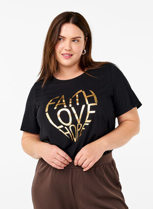 Zizzi FLASH - T-Shirt mit Motiv, Black Gold Faith, Model image number 0