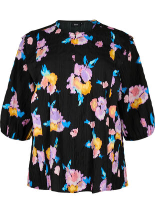 Zizzi Geblümte Bluse mit Rundhalsausschnitt und Reißverschluss, Black w. Flower AOP, Packshot image number 0