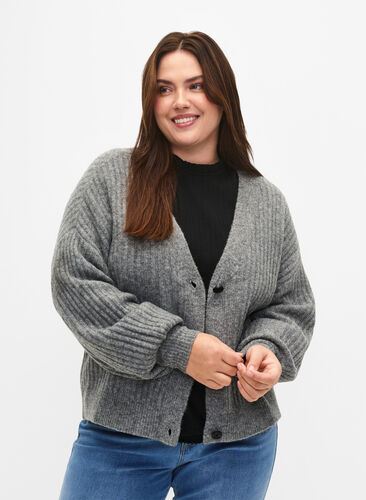 Zizzi Melange-Strickjacke aus Feinripp, Light Grey Melange, Model image number 0