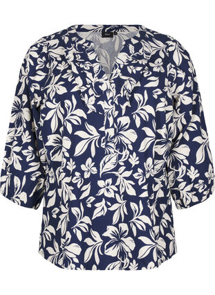 Zizzi Baumwollbluse mit 3/4-Ärmeln und Print, Naval Academy Flower, Packshot image number 0