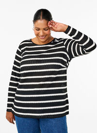 Bluse mit Streifen und langen Ärmeln, Black Sand Stripe, Model