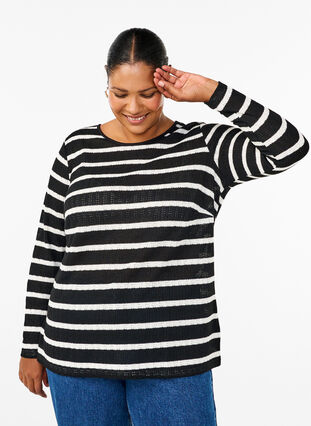 Zizzi Bluse mit Streifen und langen Ärmeln, Black Sand Stripe, Model image number 0