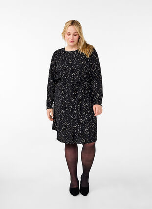 Zizzi Langärmliges Kleid mit Bindeband, Black w. Dot AOP, Model image number 2