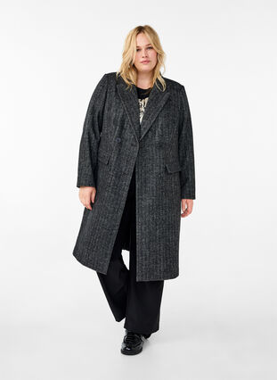 Zizzi Langer Wollmantel mit Fischgrätenmuster, Dark Grey Melange, Model image number 2