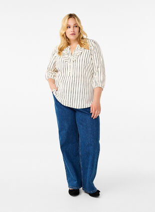 Zizzi Baumwollbluse mit 3/4-Arm und Streifen, Eggnog Black Stripe, Model image number 2