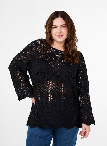 Zizzi Strickbluse mit Spitzenmuster, Black, Model image number 0