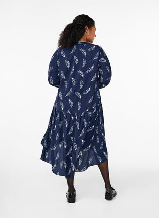 Zizzi Midi-Kleid mit langen Ärmeln, Navy B. Feather AOP, Model image number 1