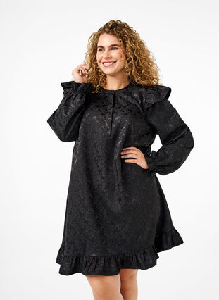 Zizzi Jacquardkleid mit langen Ärmeln und Rüschen, Black, Model image number 0